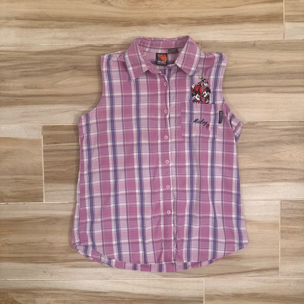 Vintage Mickey Unlimited Disney Plaid Sleeveless Button Down Shirt Large